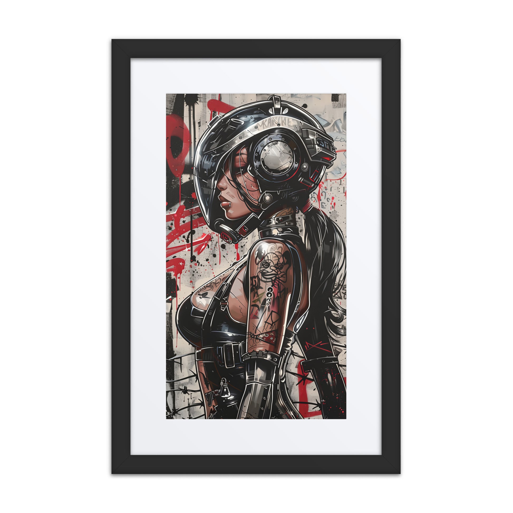 Cybernaut framed print of Trace, Operative No. 07 – a female sniper recon operative with drones, terrain-mapping HUD, and silenced rifle on overwatch.