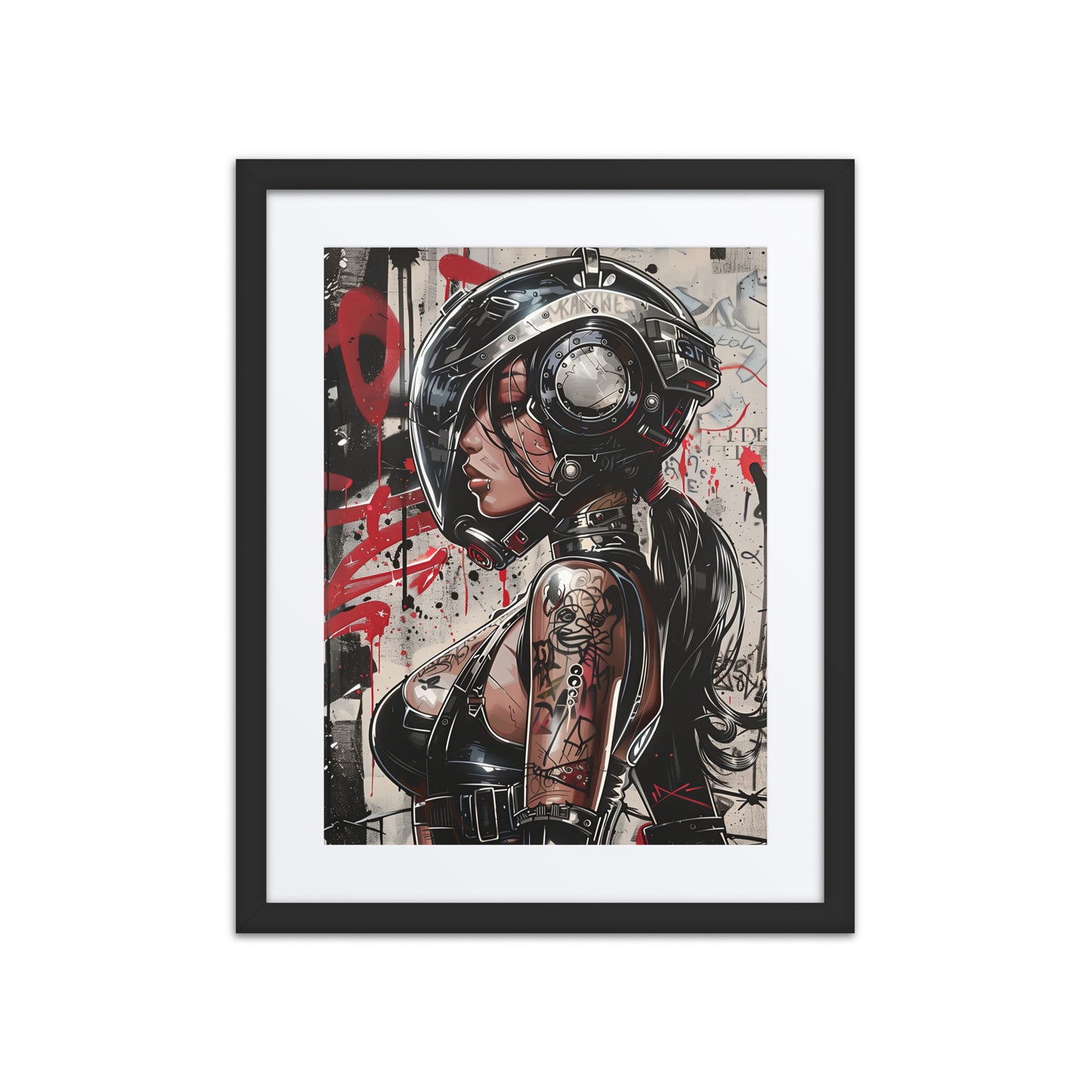 Cybernaut framed print of Trace, Operative No. 07 – a female sniper recon operative with drones, terrain-mapping HUD, and silenced rifle on overwatch.
