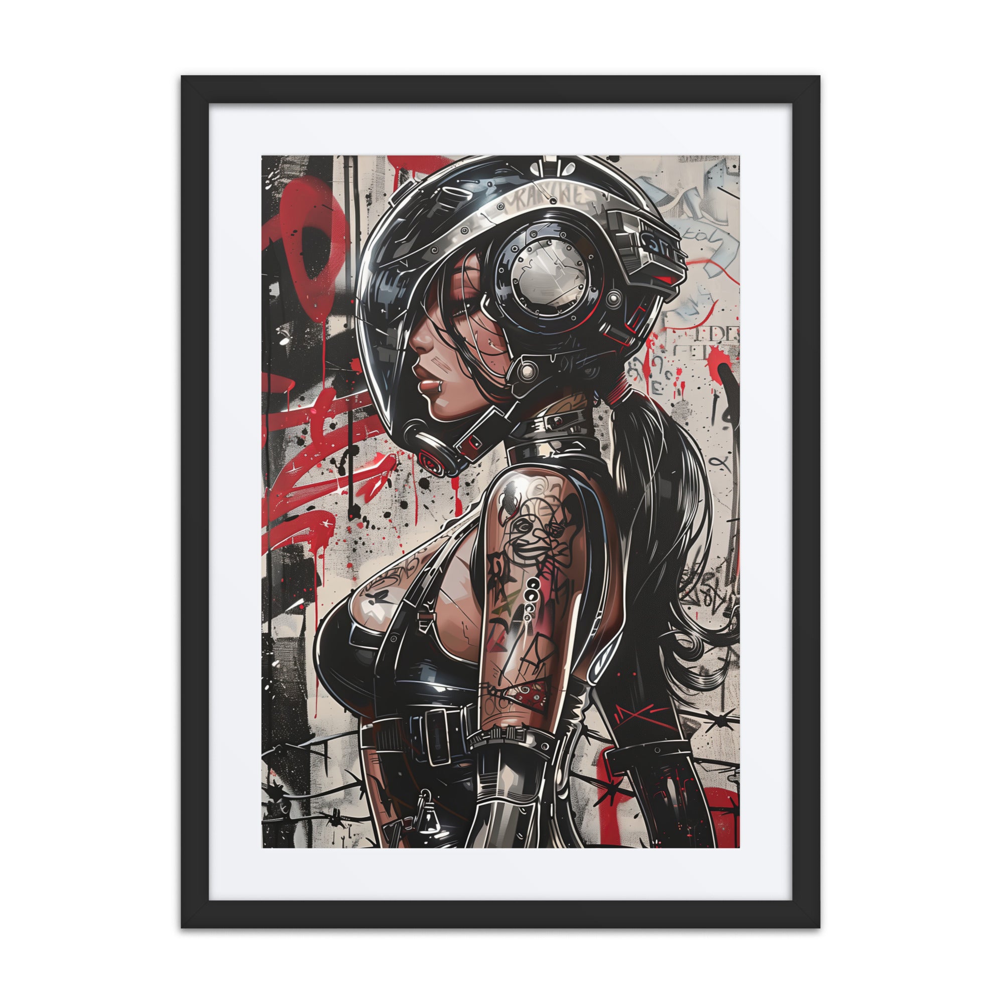 Cybernaut framed print of Trace, Operative No. 07 – a female sniper recon operative with drones, terrain-mapping HUD, and silenced rifle on overwatch.