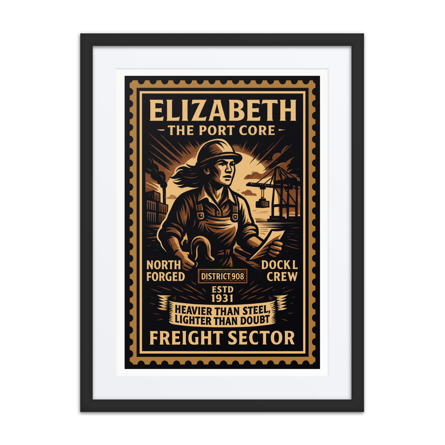 Vintage linocut-style print of a rail yard worker in Elizabeth, NJ, surrounded by trains, tracks, smoke, and industrial textures.