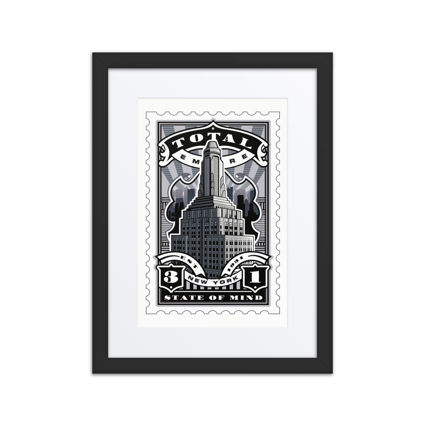 Posterized Empire State Building stamp art with Art Deco skyline and “Total Empire” banner, 1931 New York landmark illustration.