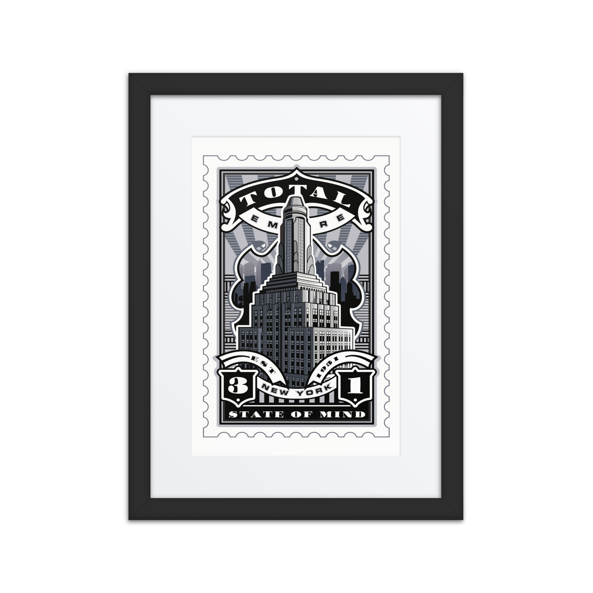 Posterized Empire State Building stamp art with Art Deco skyline and “Total Empire” banner, 1931 New York landmark illustration.