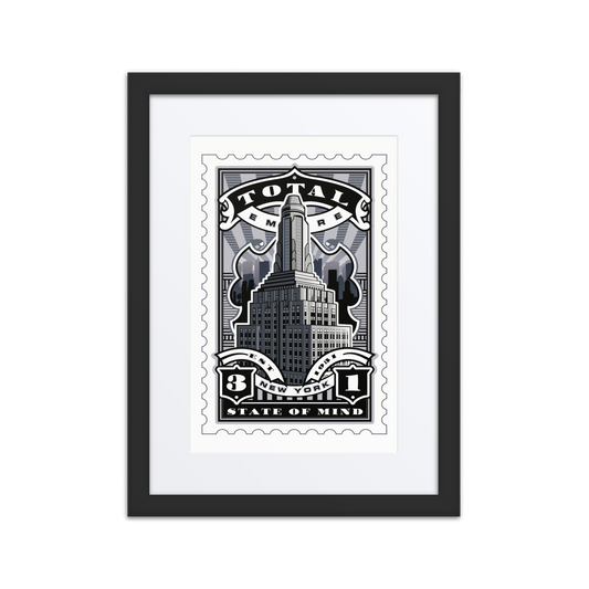 Posterized Empire State Building stamp art with Art Deco skyline and “Total Empire” banner, 1931 New York landmark illustration.