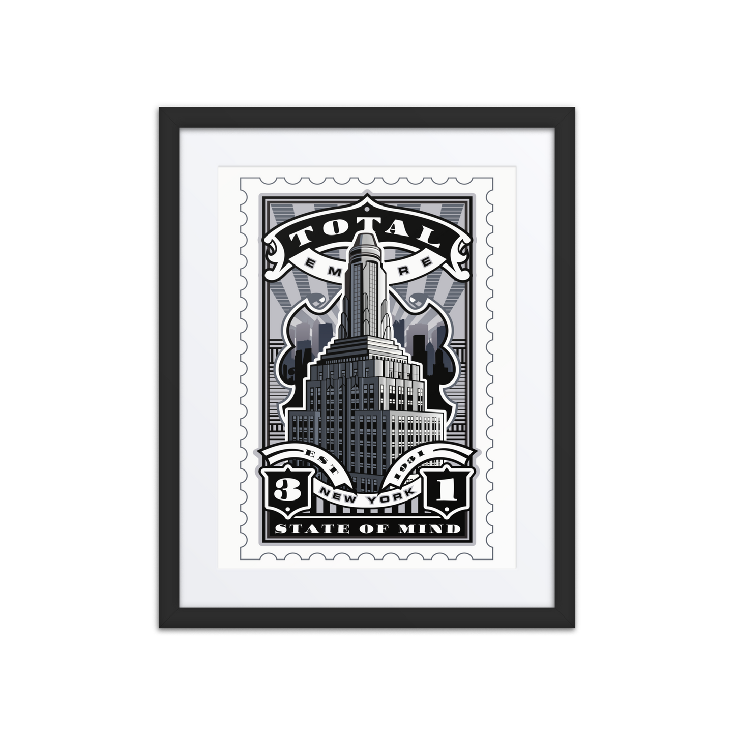 Posterized Empire State Building stamp art with Art Deco skyline and “Total Empire” banner, 1931 New York landmark illustration.