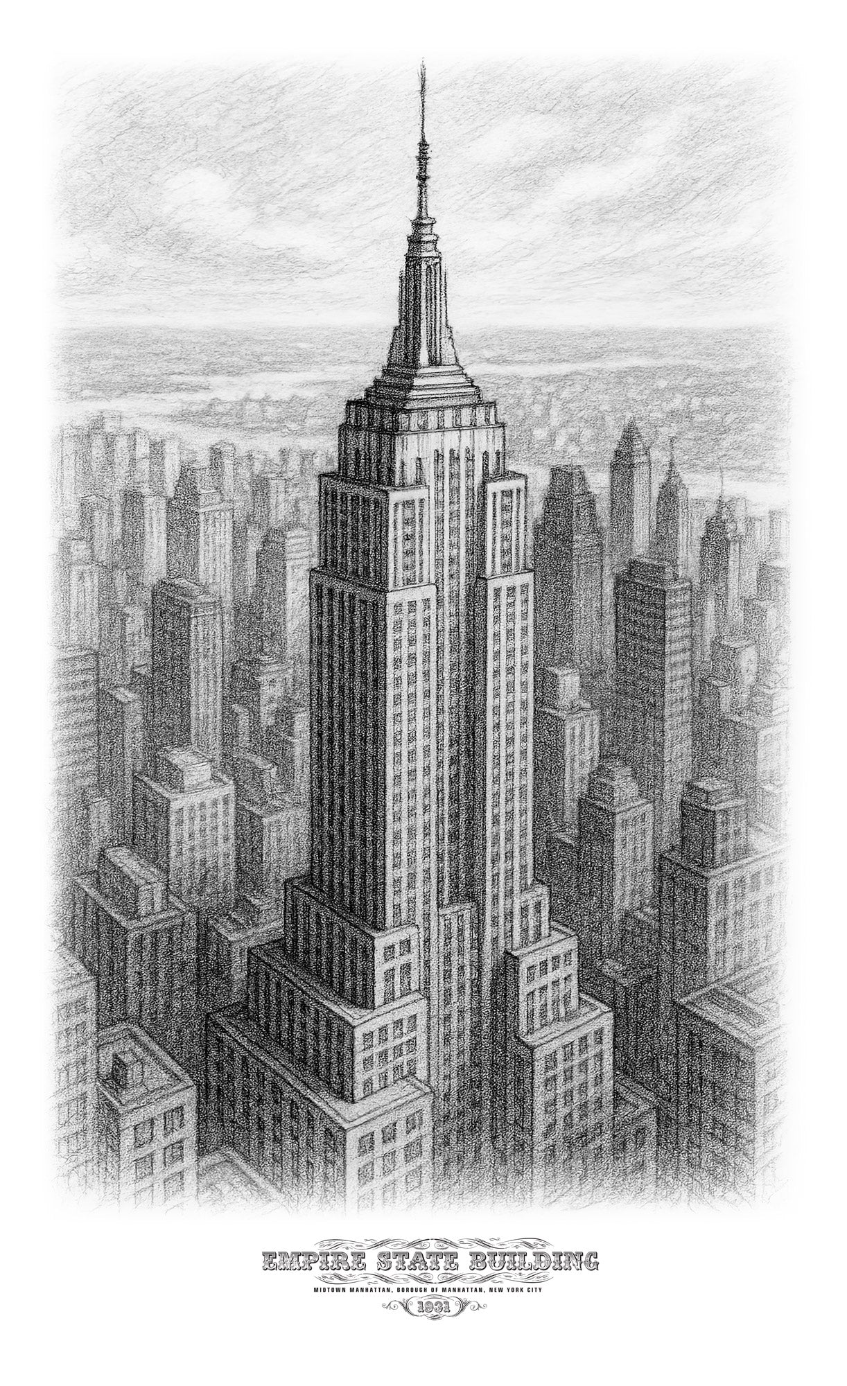 Empire State Building Sketch Holiday Set featuring a fine art print, throw pillow, and tote with a detailed architectural line drawing of the Empire State Building.