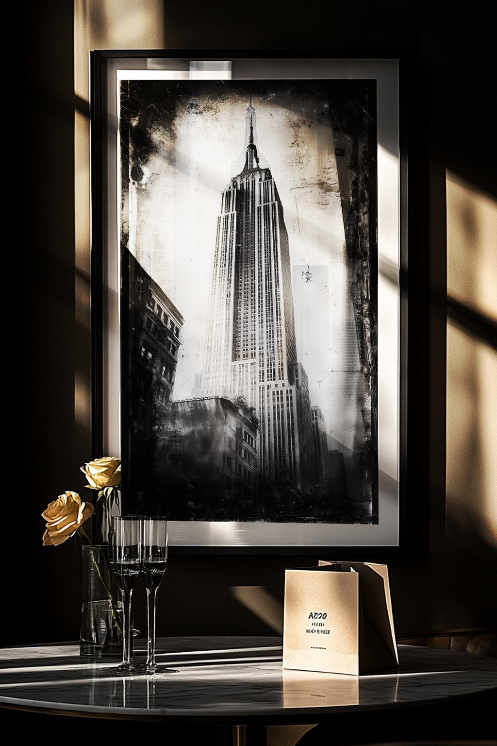 Black and white archival photo collection of New York City landmarks printed in 12x18 matte format, featuring classic imagery of the Brooklyn Bridge, Chrysler Building, and Statue of Liberty.