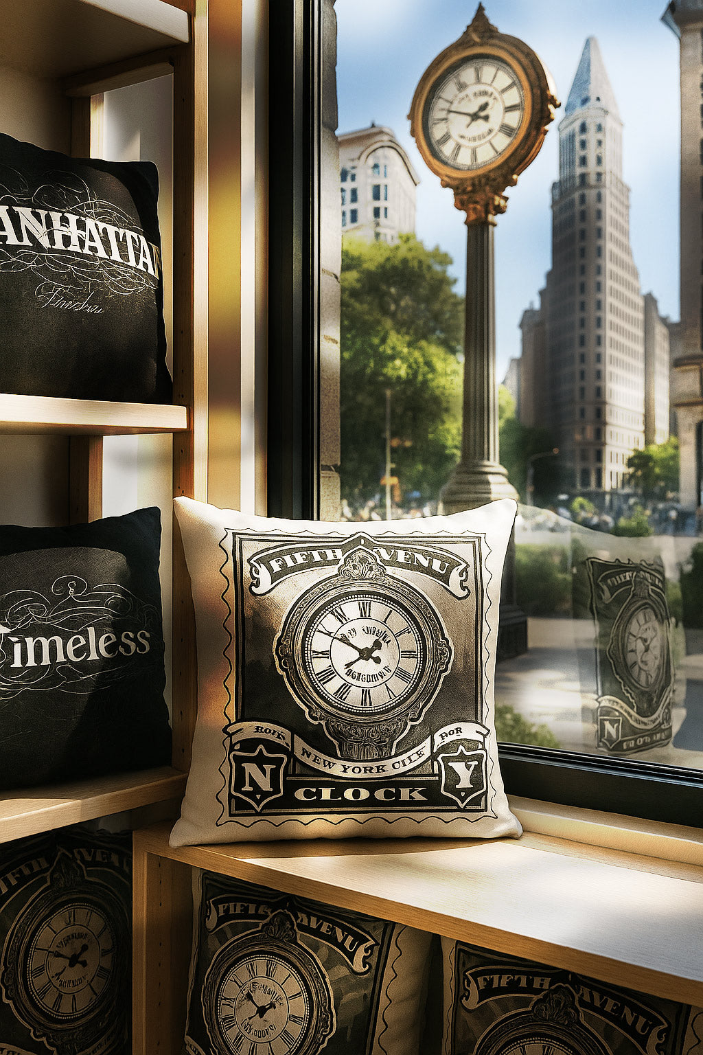 5th Avenue Clock Landmark Gift Set – Print, Pillow, and Tote Bundle by Rebelfy