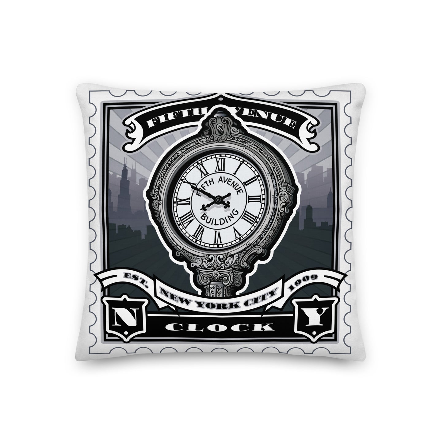 White canvas tote with Fifth Avenue clock vintage stamp illustration, black handles, ornate clock face and street detail.