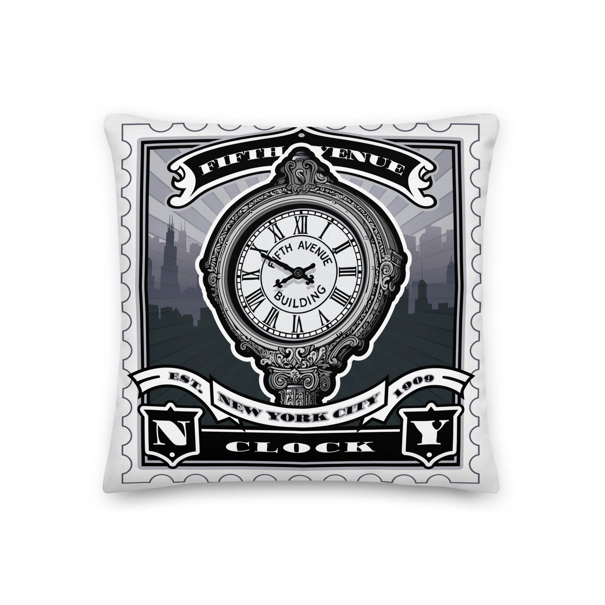 White canvas tote with Fifth Avenue clock vintage stamp illustration, black handles, ornate clock face and street detail.