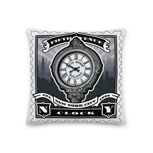 White canvas tote with Fifth Avenue clock vintage stamp illustration, black handles, ornate clock face and street detail.