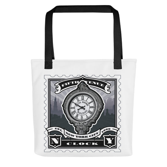 White canvas tote with Fifth Avenue clock vintage stamp illustration, black handles, ornate clock face and street detail.