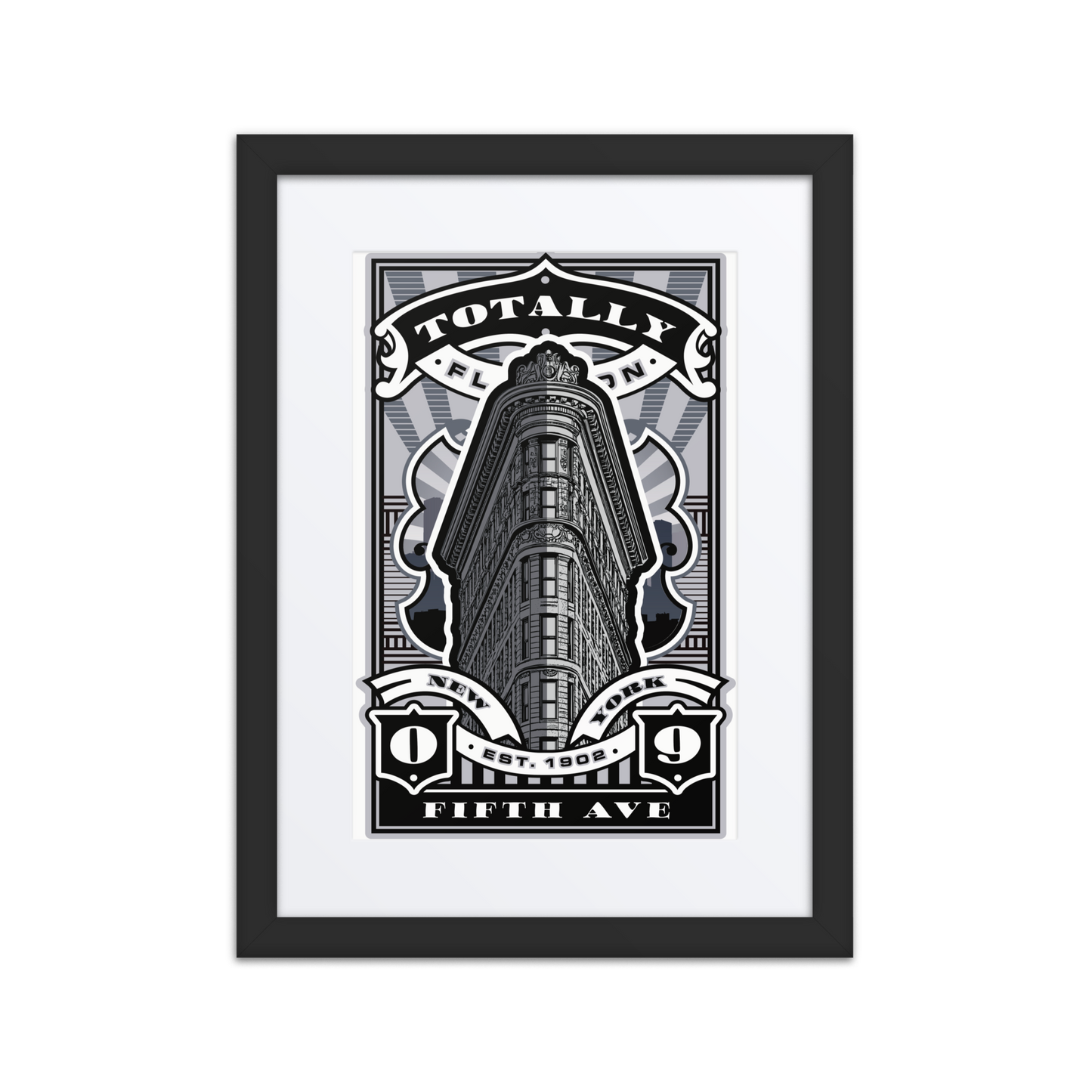 Flatiron Building art print in monochrome stamp-style design, featuring New York City’s iconic triangular skyscraper.