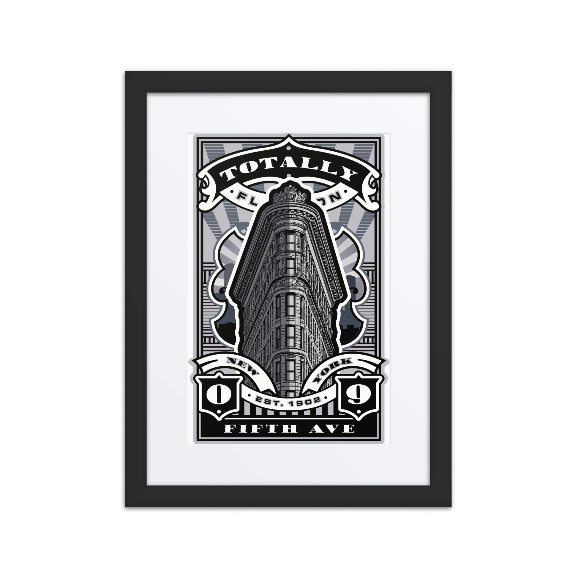 Flatiron Building art print in monochrome stamp-style design, featuring New York City’s iconic triangular skyscraper.