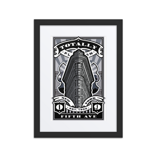 Flatiron Building art print in monochrome stamp-style design, featuring New York City’s iconic triangular skyscraper.