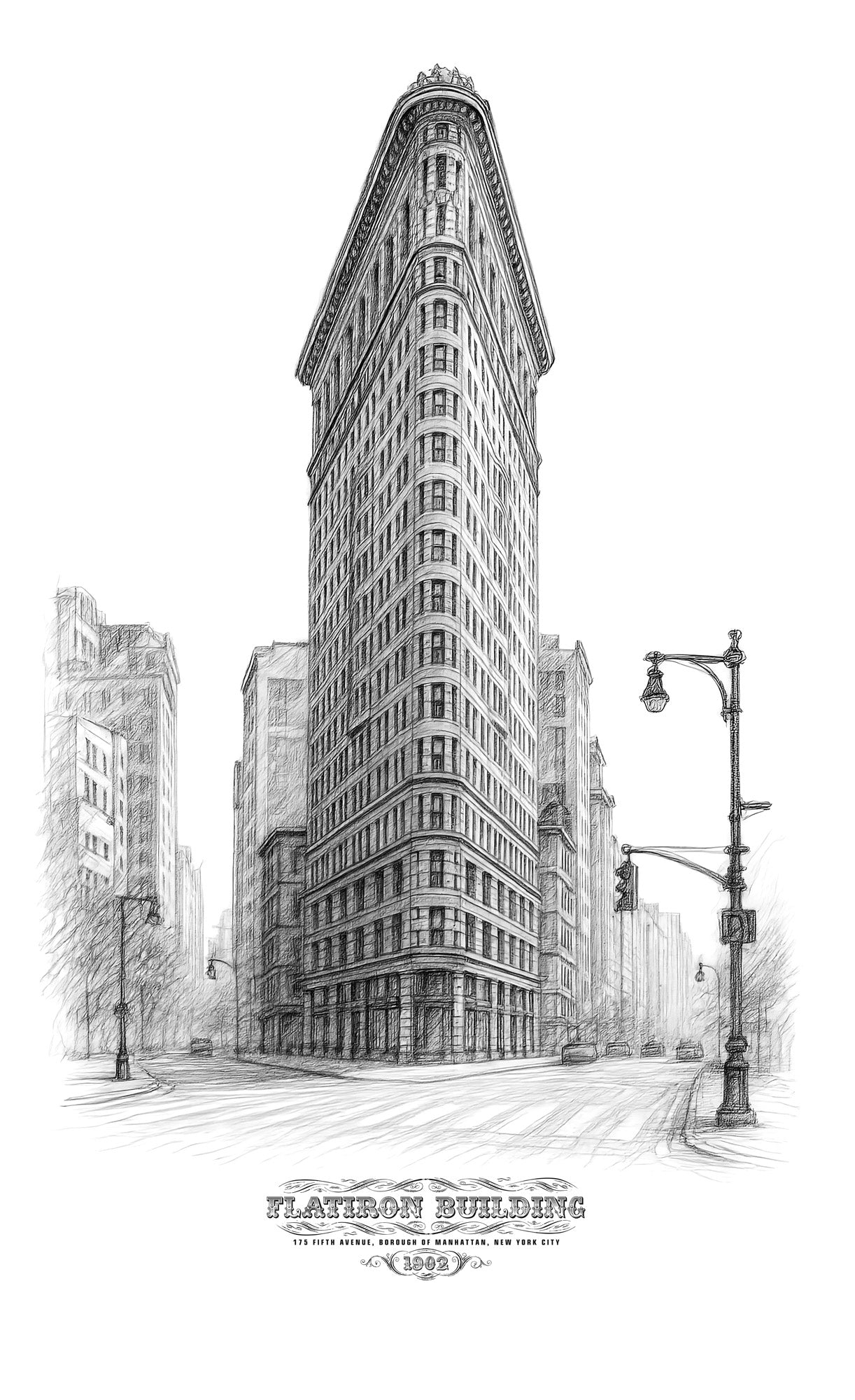 Flatiron Building sketch fine art print, throw pillow, and tote bag holiday gift set inspired by NYC architecture.