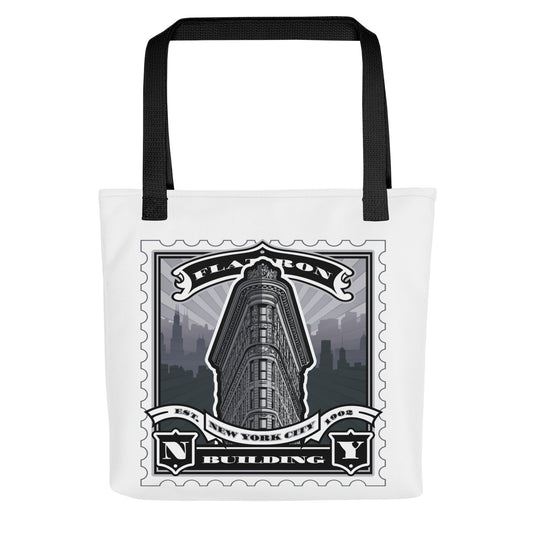Shop the Flatiron Tote - vintage wedge stamp of the Flatiron Building on durable canvas. Roomy, reinforced, and built for city life.
