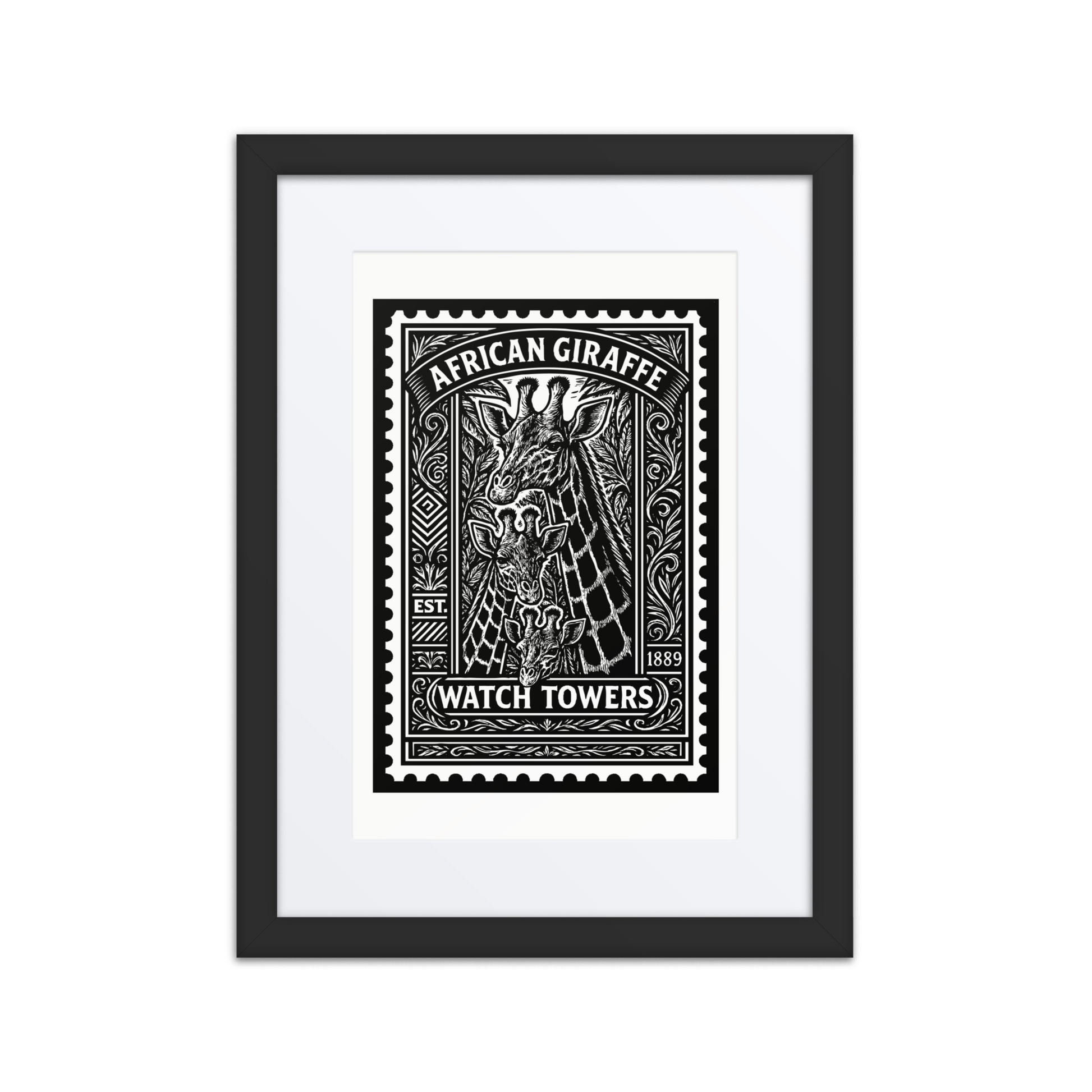Linocut-style black and white stamp illustration of three African giraffes surrounded by tribal carvings and foliage, with bold contrast and engraved detail. Text reads "AFRICAN GIRAFFE – WATCHTOWERS EST. 1889"