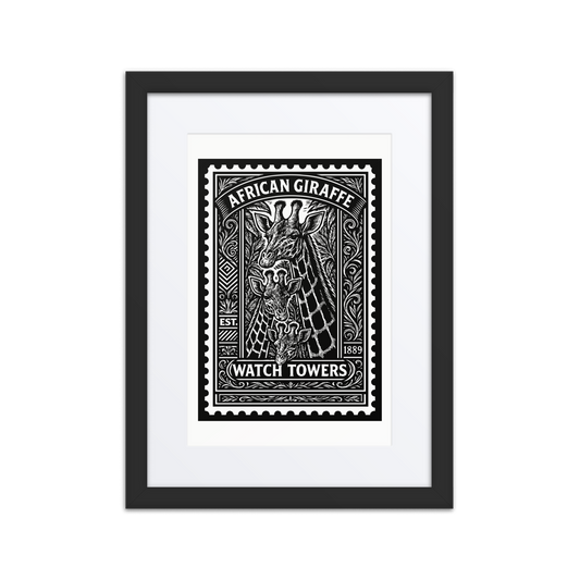 Linocut-style black and white stamp illustration of three African giraffes surrounded by tribal carvings and foliage, with bold contrast and engraved detail. Text reads "AFRICAN GIRAFFE – WATCHTOWERS EST. 1889"