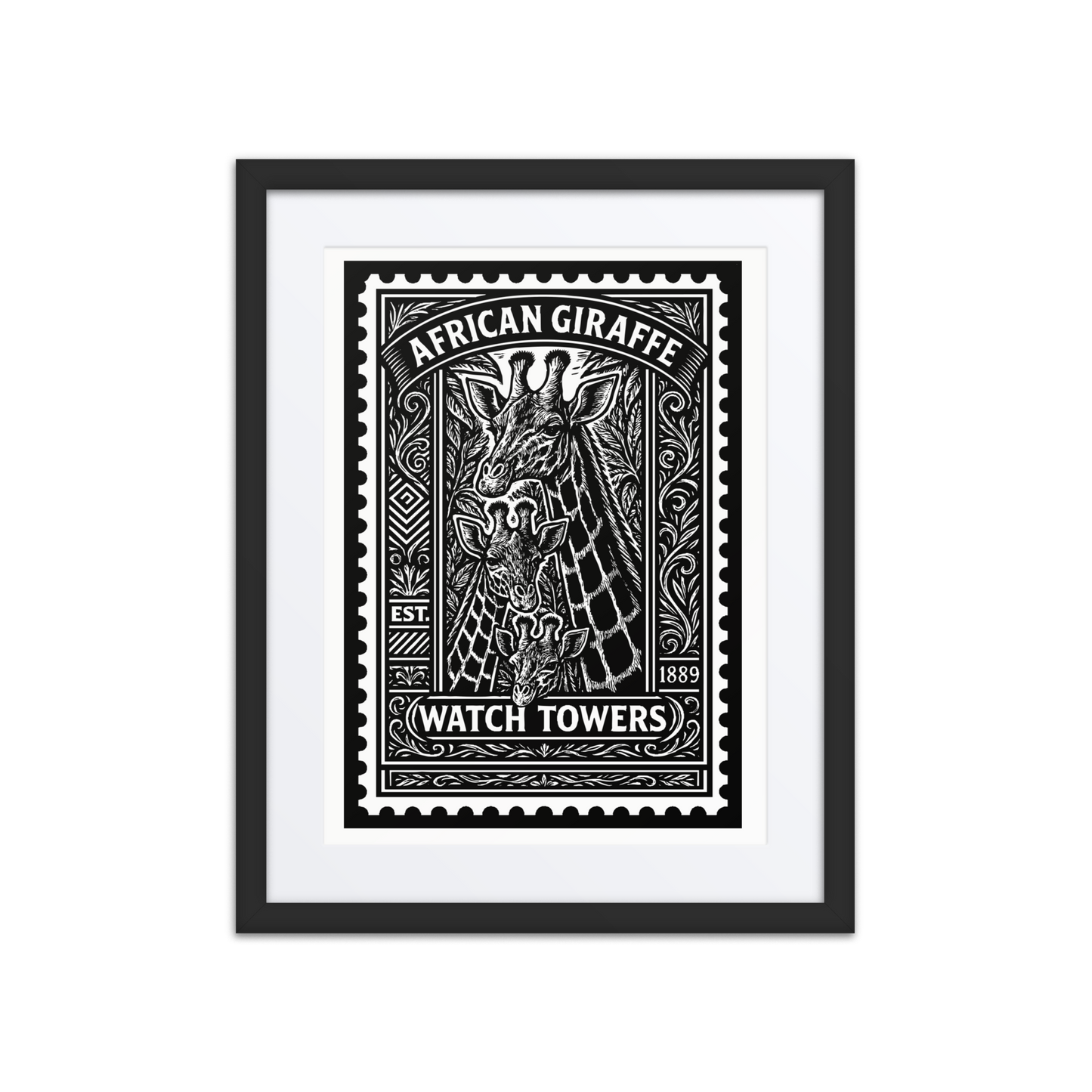 Linocut-style black and white stamp illustration of three African giraffes surrounded by tribal carvings and foliage, with bold contrast and engraved detail. Text reads "AFRICAN GIRAFFE – WATCHTOWERS EST. 1889"
