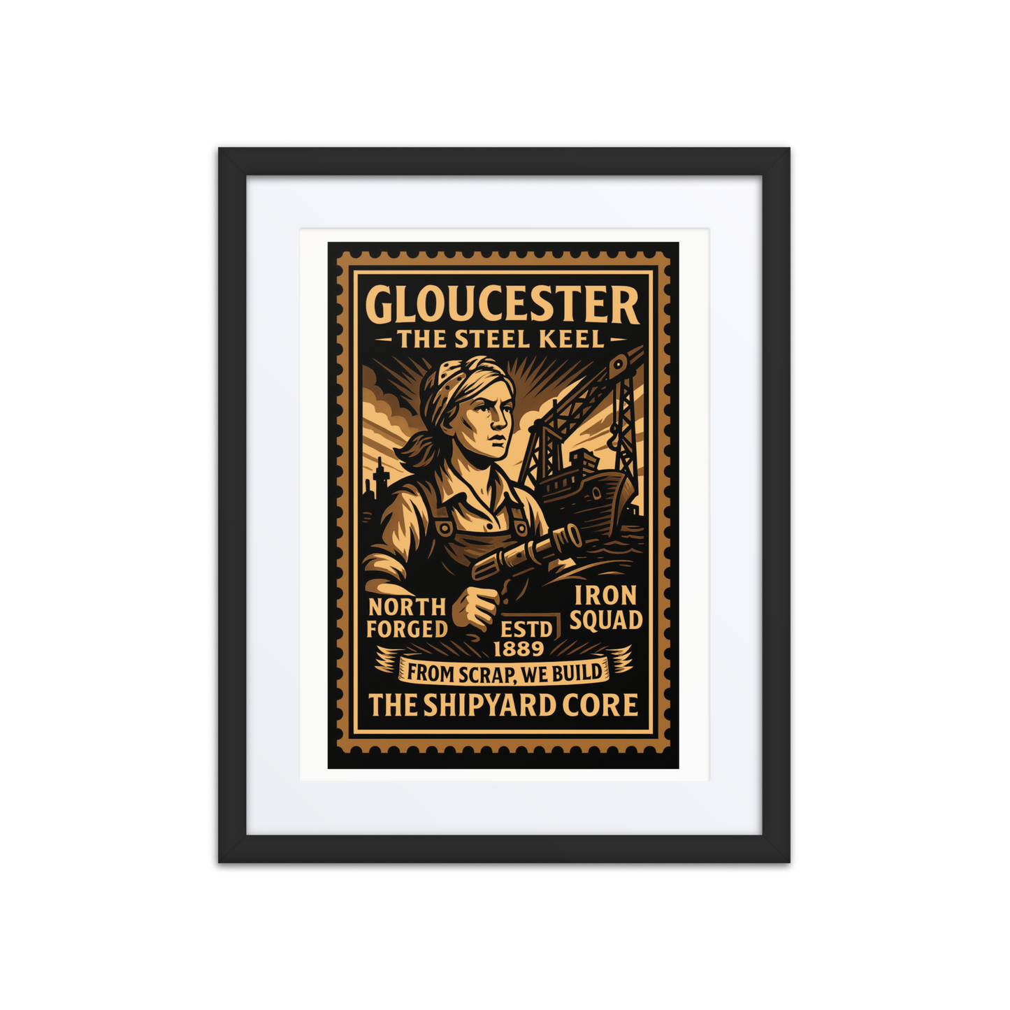 Linocut-style print of a Gloucester shipyard worker welding near drydock cranes and steel hulls along the waterfront.