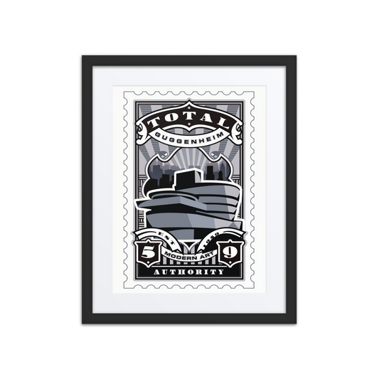 Linocut-style stamp illustration of the Guggenheim Museum in New York City, featuring its spiral architecture and modernist design.