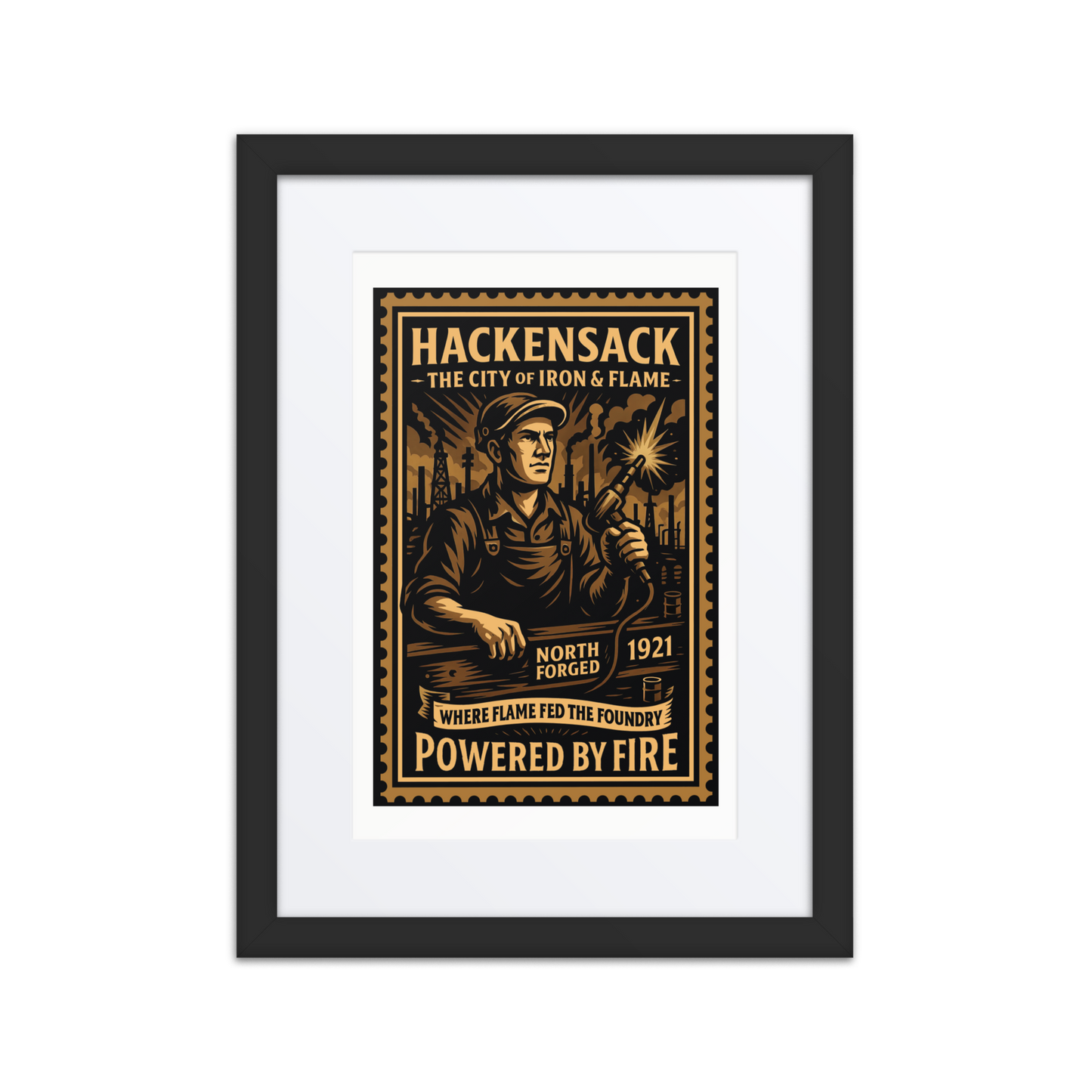 Product mockupVintage linocut-style print of a Hackensack torch welder cutting steel, surrounded by smokestacks, tanks, and glowing flame.