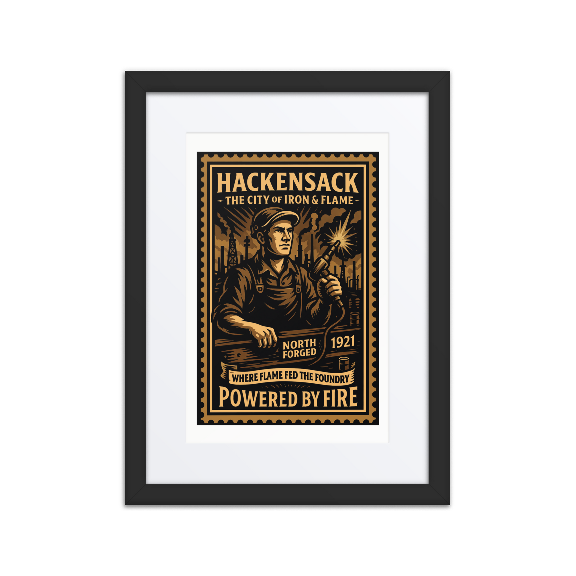 Product mockupVintage linocut-style print of a Hackensack torch welder cutting steel, surrounded by smokestacks, tanks, and glowing flame.