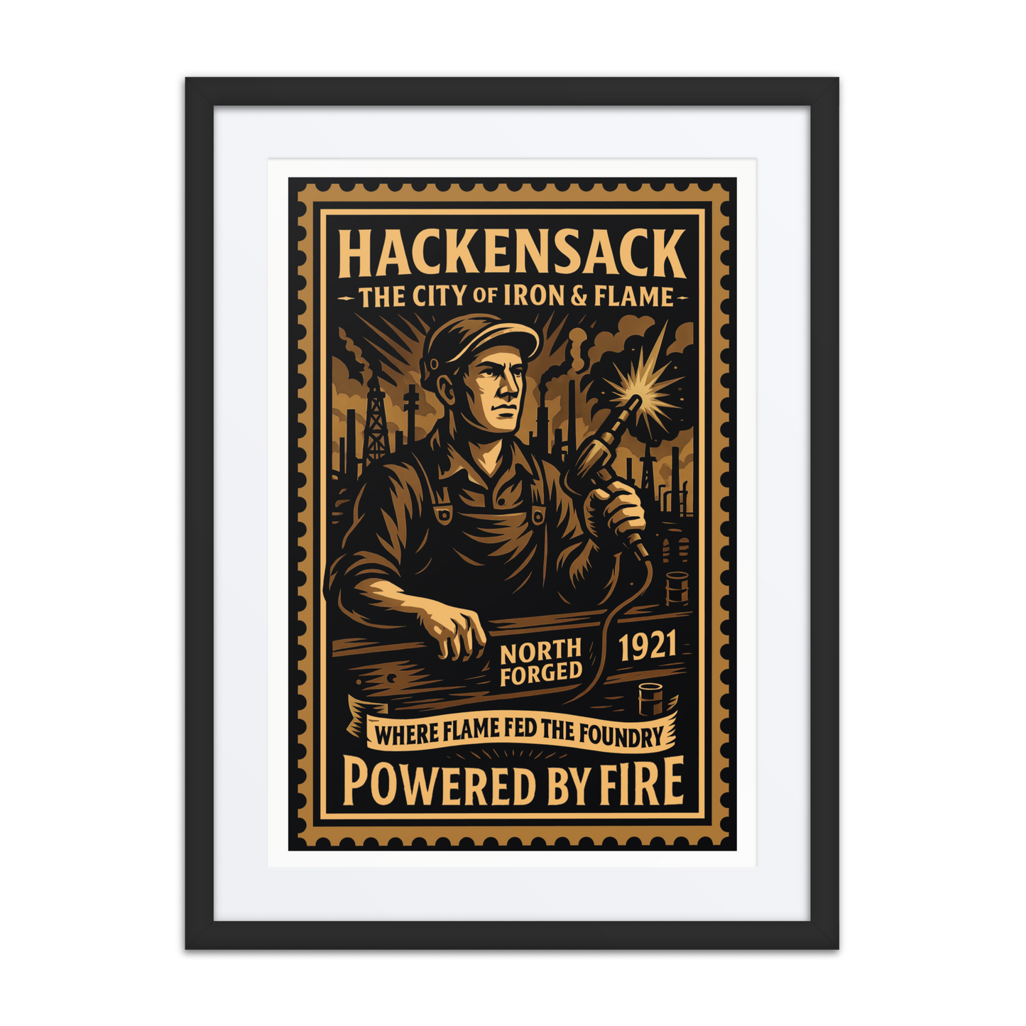 Vintage linocut-style print of a Hackensack torch welder cutting steel, surrounded by smokestacks, tanks, and glowing flame.