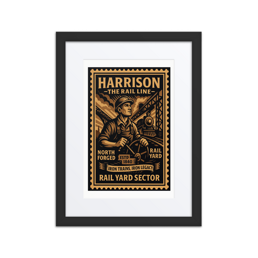 Linocut-style print of a Harrison steel mill worker pouring molten metal under smokestacks and factory beams.