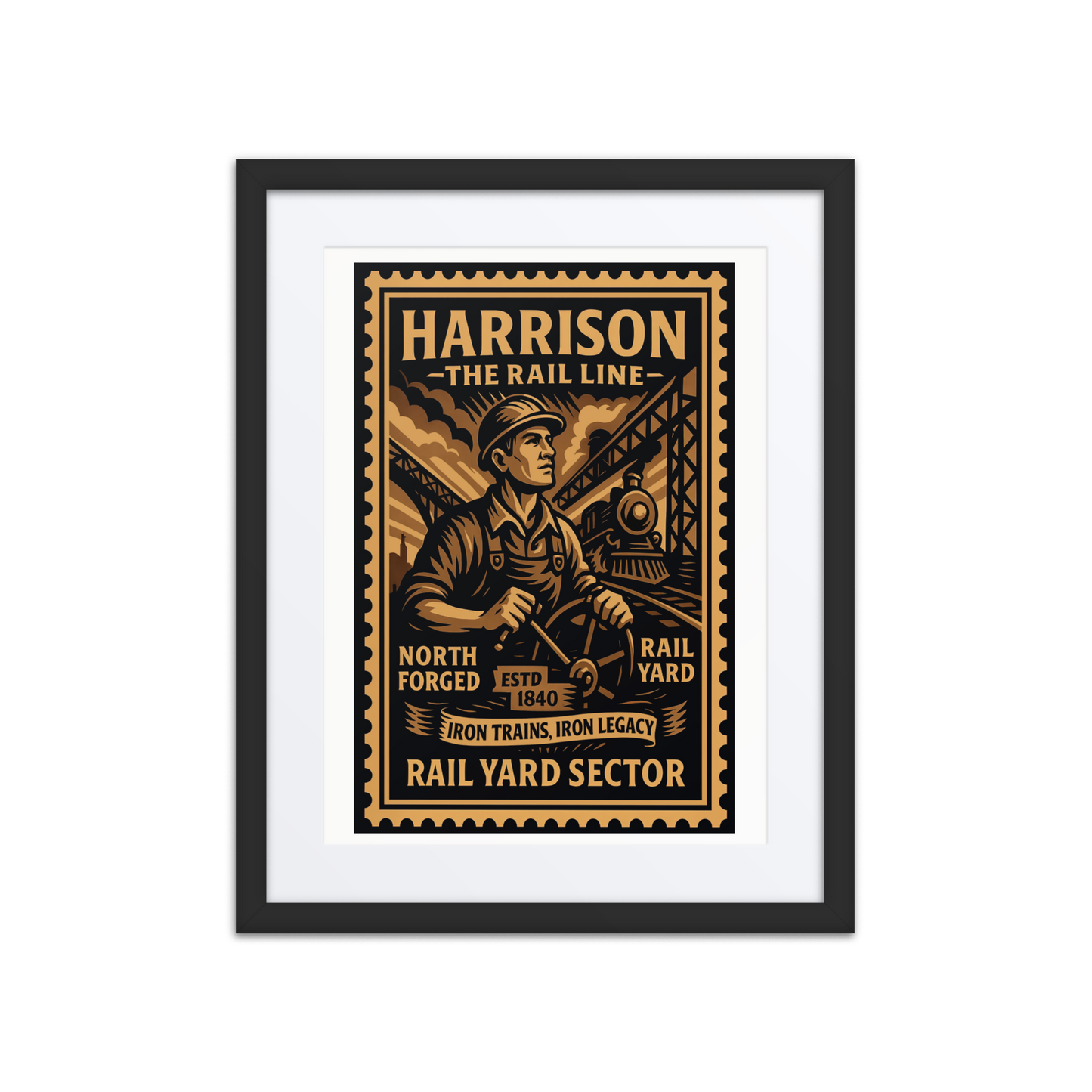 Linocut-style print of a Harrison steel mill worker pouring molten metal under smokestacks and factory beams.