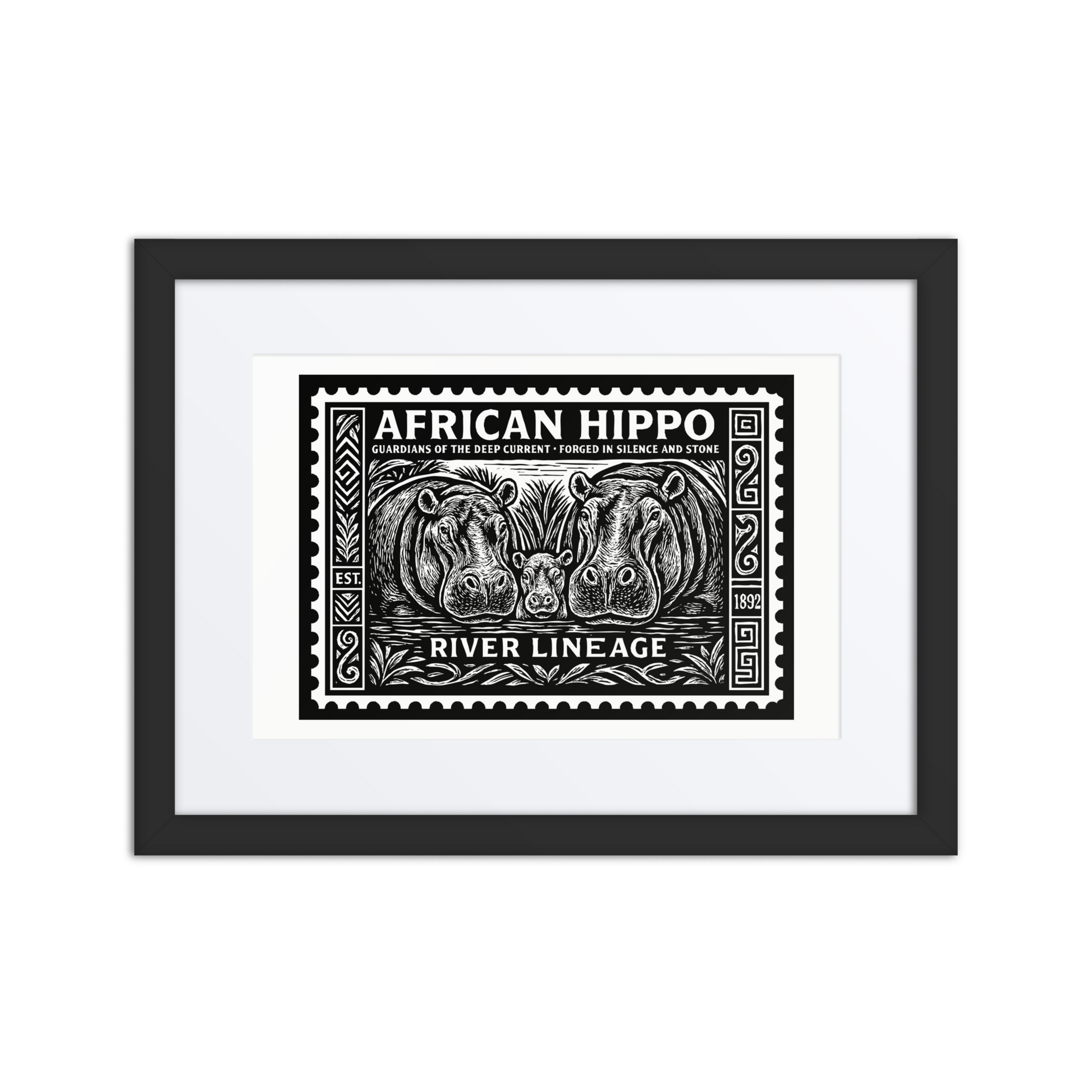 Black and white linocut-style horizontal stamp of an African hippo family in a river scene, bordered with tribal carvings and engraved textures. Text reads “AFRICAN HIPPO – RIVER LINEAGE EST. 1892”.