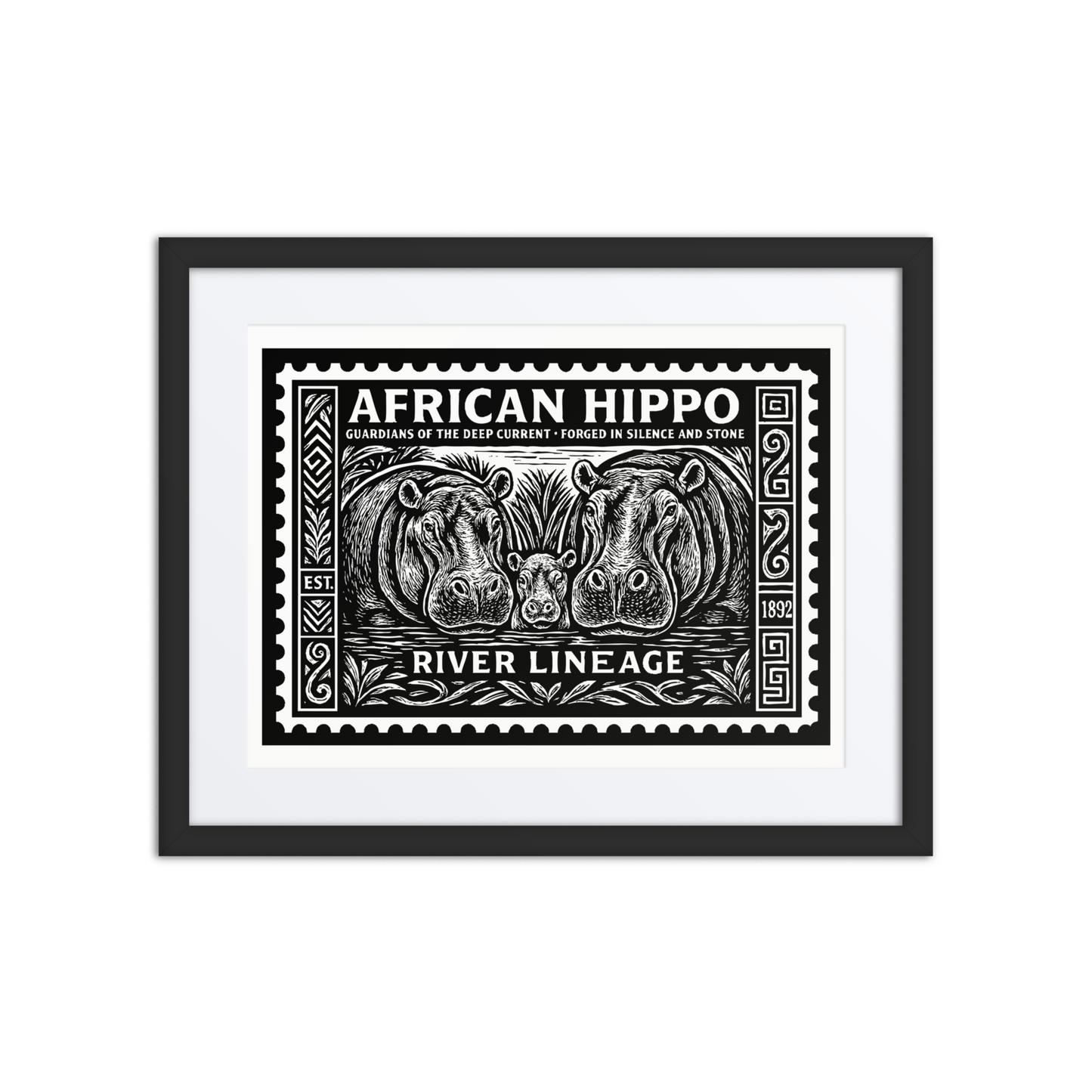 Black and white linocut-style horizontal stamp of an African hippo family in a river scene, bordered with tribal carvings and engraved textures. Text reads “AFRICAN HIPPO – RIVER LINEAGE EST. 1892”.