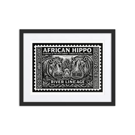 Black and white linocut-style horizontal stamp of an African hippo family in a river scene, bordered with tribal carvings and engraved textures. Text reads “AFRICAN HIPPO – RIVER LINEAGE EST. 1892”.