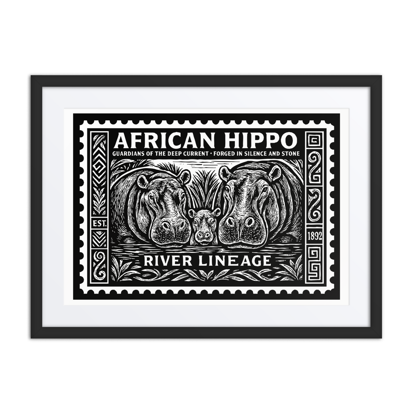 Black and white linocut-style horizontal stamp of an African hippo family in a river scene, bordered with tribal carvings and engraved textures. Text reads “AFRICAN HIPPO – RIVER LINEAGE EST. 1892”.