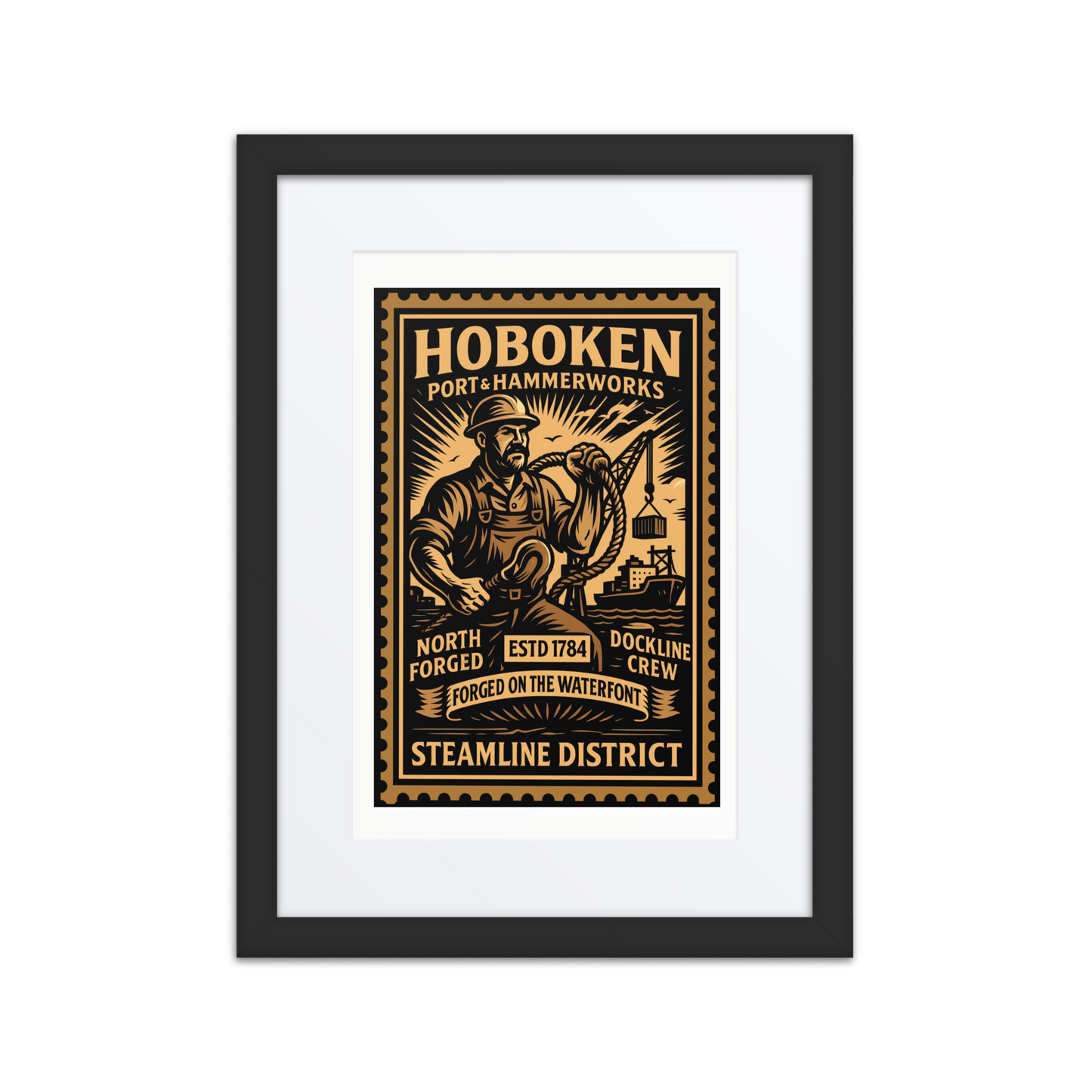 Vintage linocut-style print of a Hoboken shipwright working on a hull with cranes, smoke, and docks in the background.