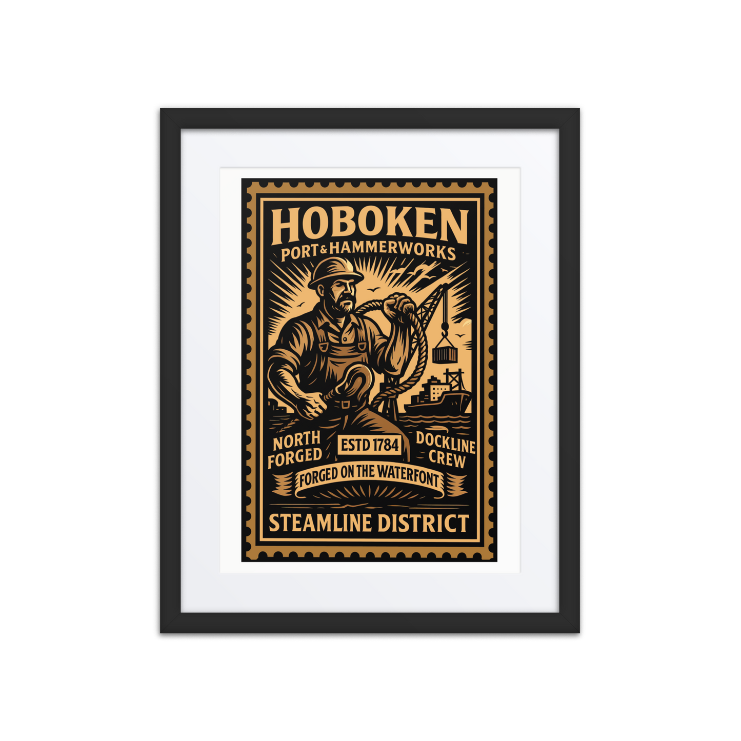 Vintage linocut-style print of a Hoboken shipwright working on a hull with cranes, smoke, and docks in the background.