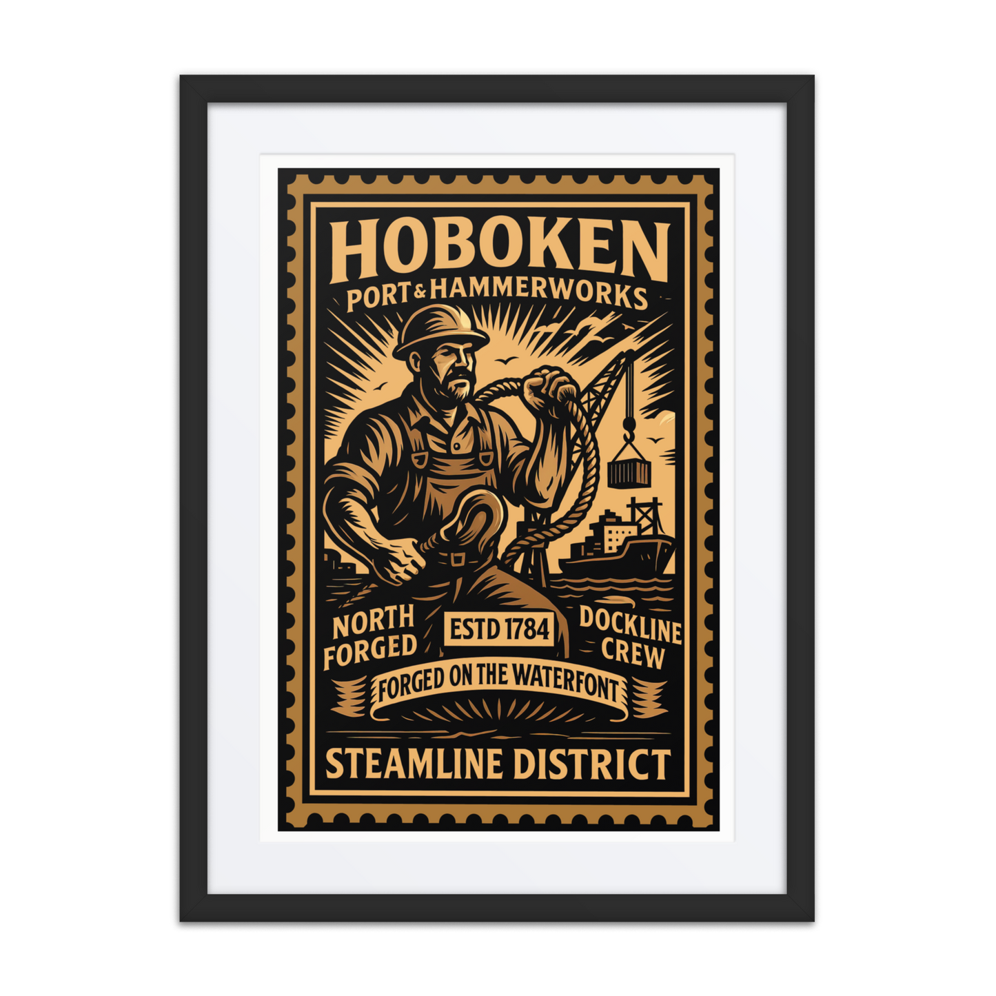 Vintage linocut-style print of a Hoboken shipwright working on a hull with cranes, smoke, and docks in the background.