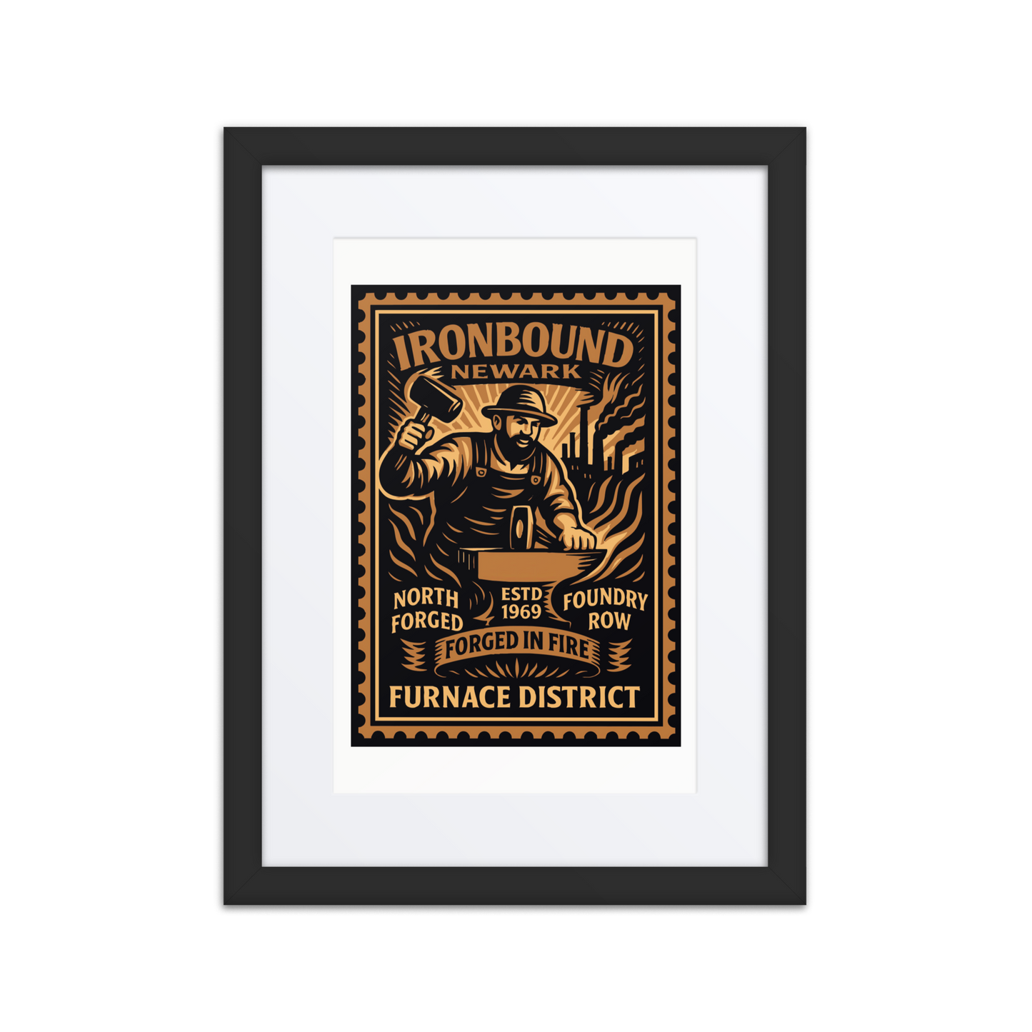 Linocut-style stamp illustration of a steelworker forging a beam, surrounded by sparks and industrial pipes, in sepia and gold tones.