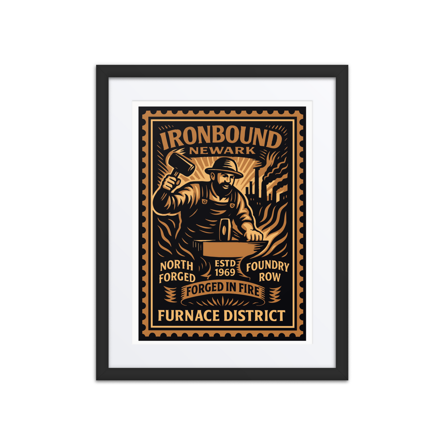 Linocut-style stamp illustration of a steelworker forging a beam, surrounded by sparks and industrial pipes, in sepia and gold tones.