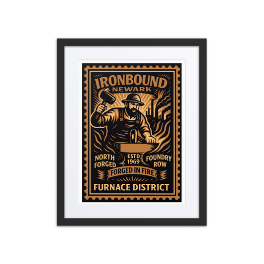 Linocut-style stamp illustration of a steelworker forging a beam, surrounded by sparks and industrial pipes, in sepia and gold tones.