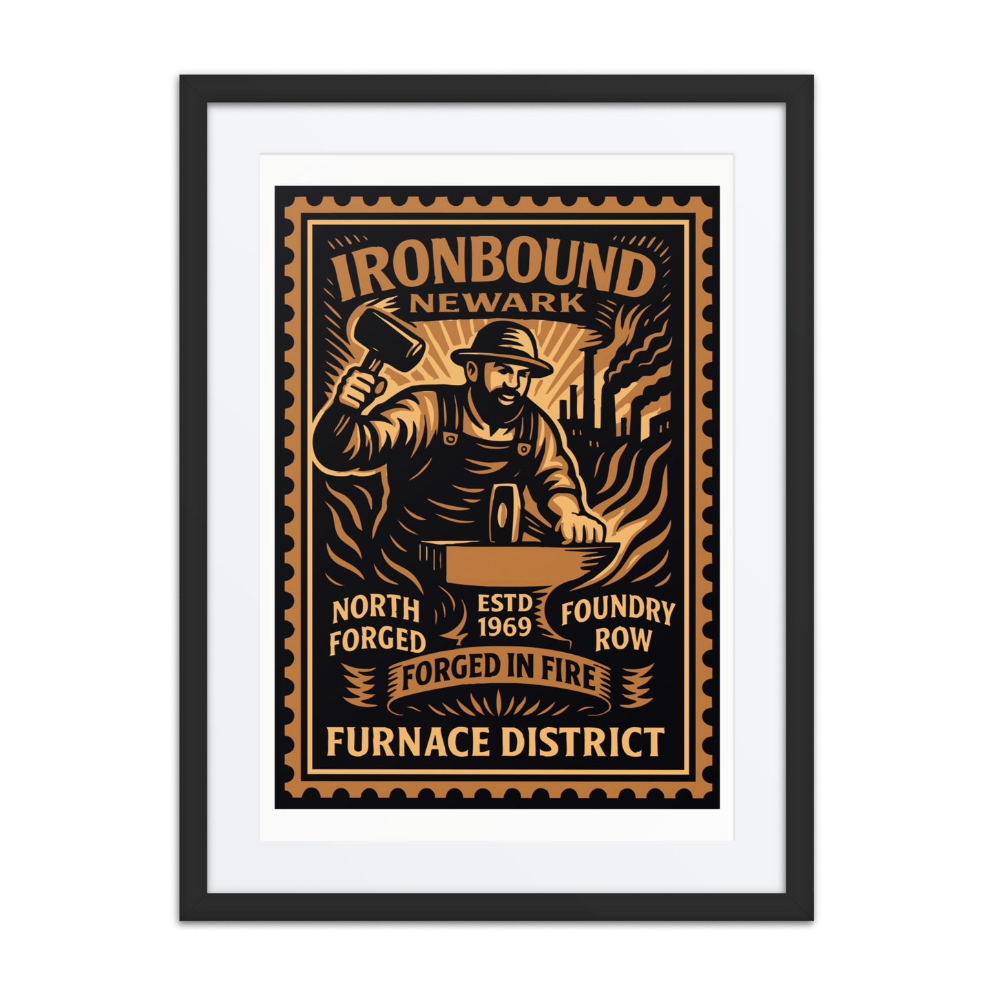 Linocut-style stamp illustration of a steelworker forging a beam, surrounded by sparks and industrial pipes, in sepia and gold tones.