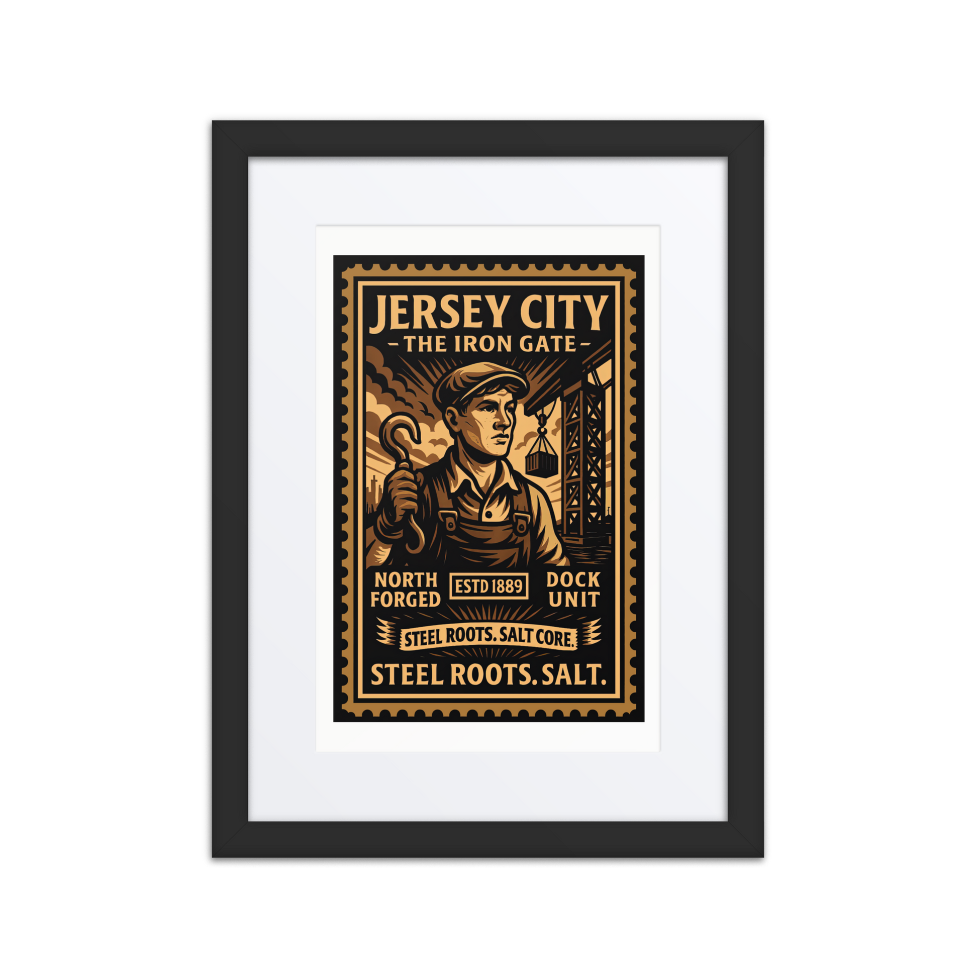 Linocut-style print of a Jersey City switchyard worker signaling trains with a lantern, surrounded by tracks, smoke, and freight cars.
