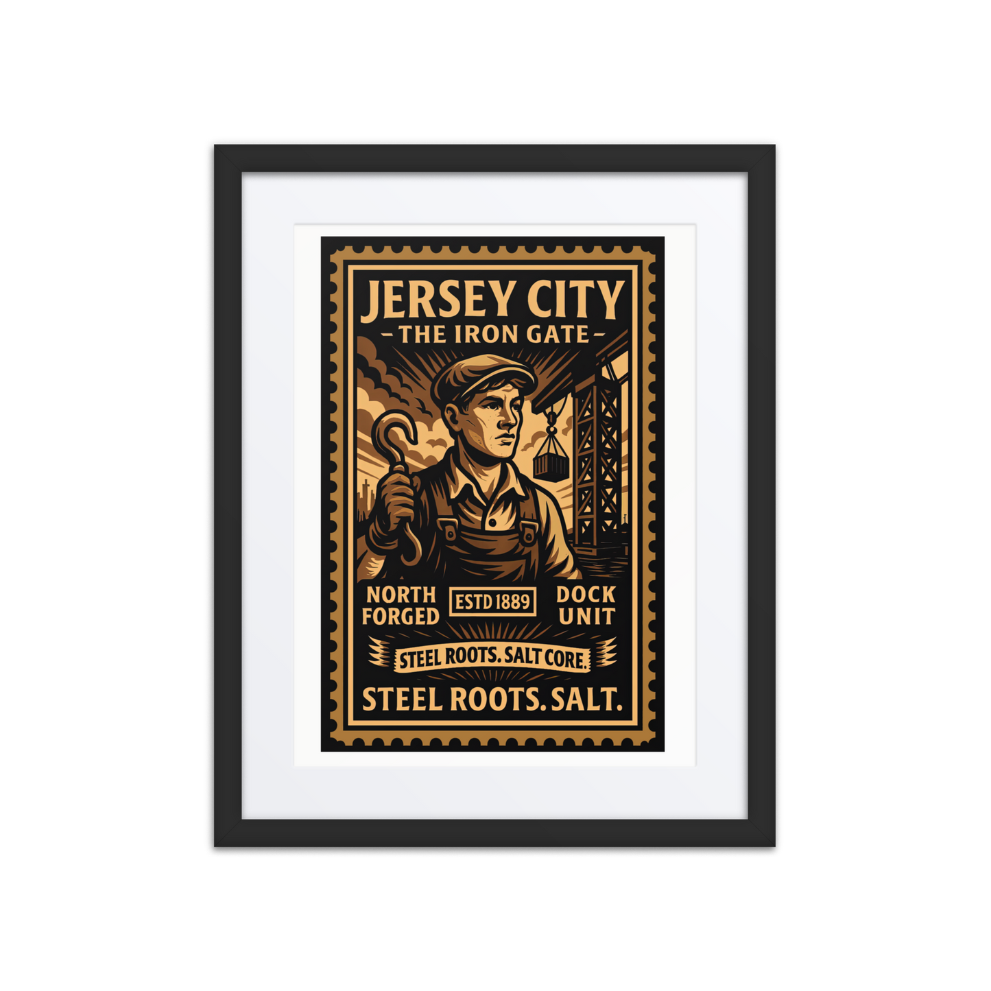 Linocut-style print of a Jersey City switchyard worker signaling trains with a lantern, surrounded by tracks, smoke, and freight cars.