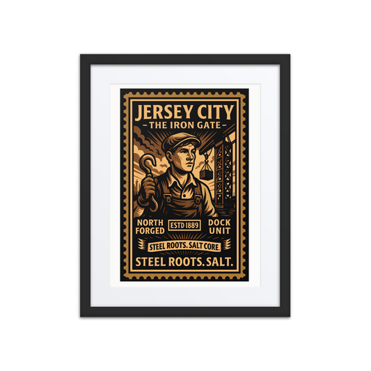 Linocut-style print of a Jersey City switchyard worker signaling trains with a lantern, surrounded by tracks, smoke, and freight cars.