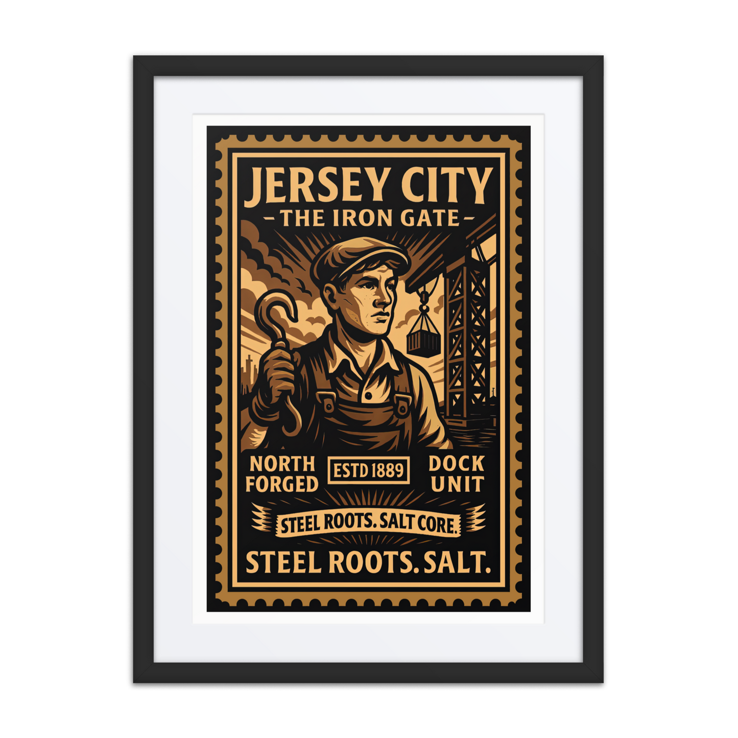 Linocut-style print of a Jersey City switchyard worker signaling trains with a lantern, surrounded by tracks, smoke, and freight cars.