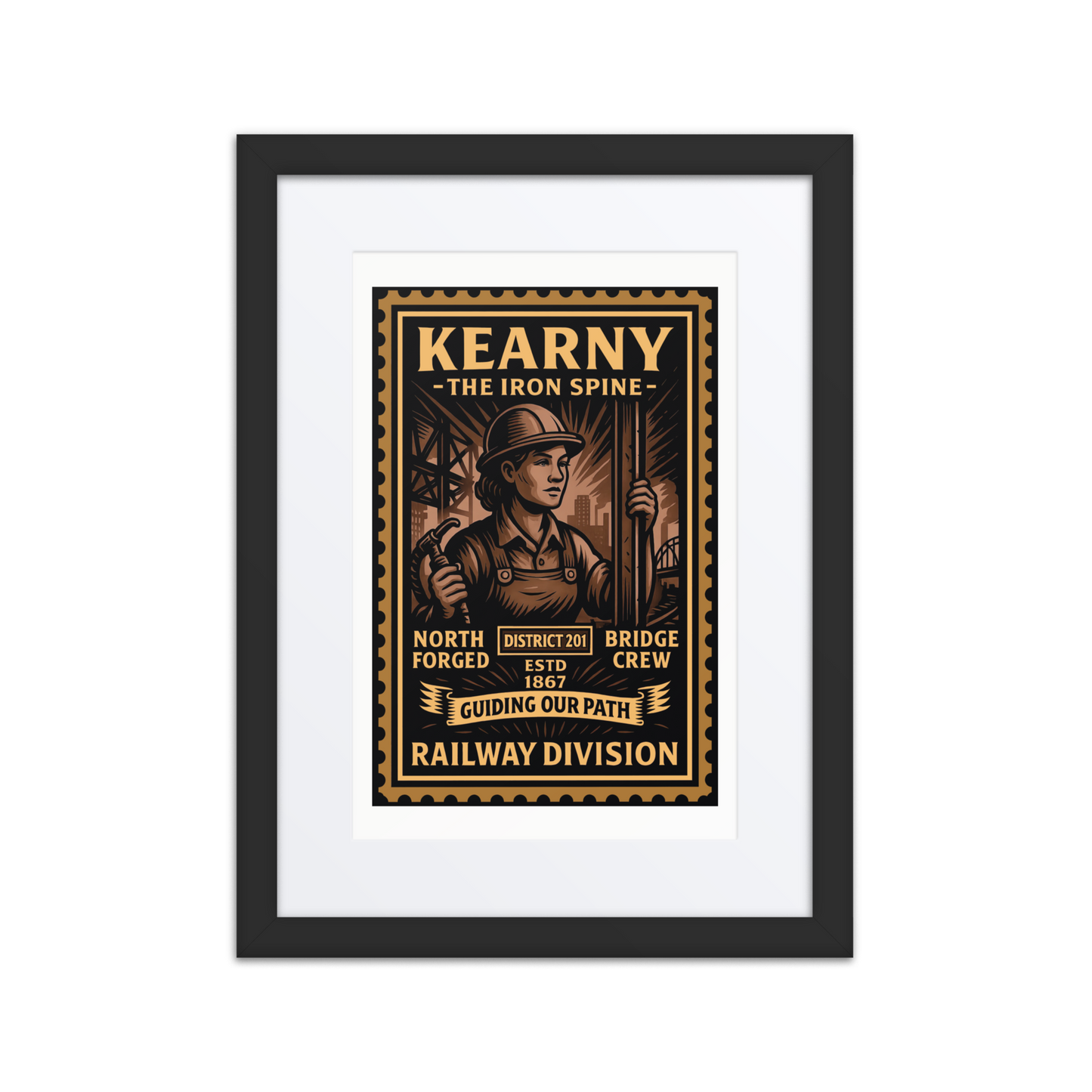 Linocut-style print of a Kearny riveter driving steel bolts into a ship hull, with scaffolding, smoke, and sparks surrounding the scene.