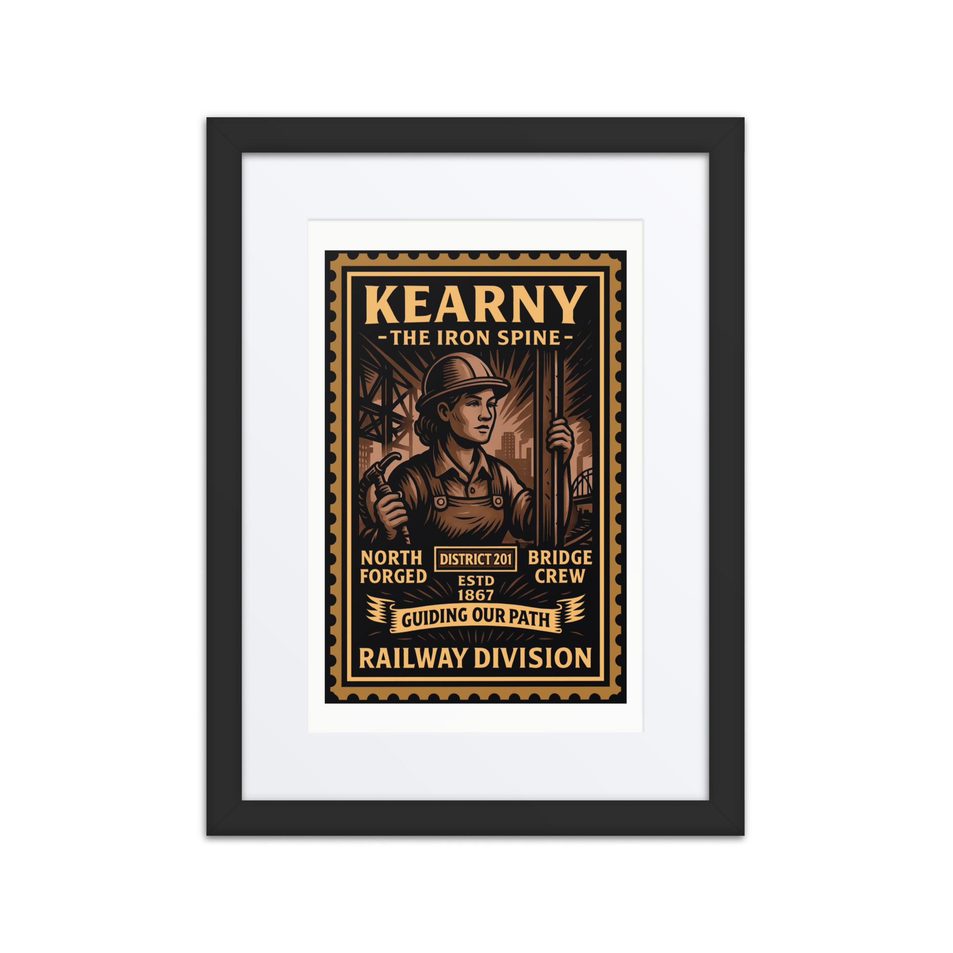 Linocut-style print of a Kearny riveter driving steel bolts into a ship hull, with scaffolding, smoke, and sparks surrounding the scene.