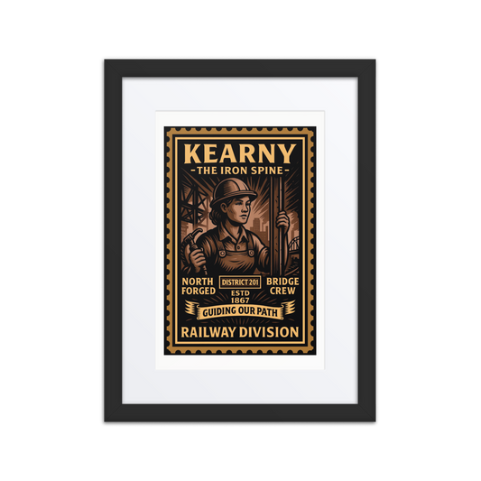 Linocut-style print of a Kearny riveter driving steel bolts into a ship hull, with scaffolding, smoke, and sparks surrounding the scene.