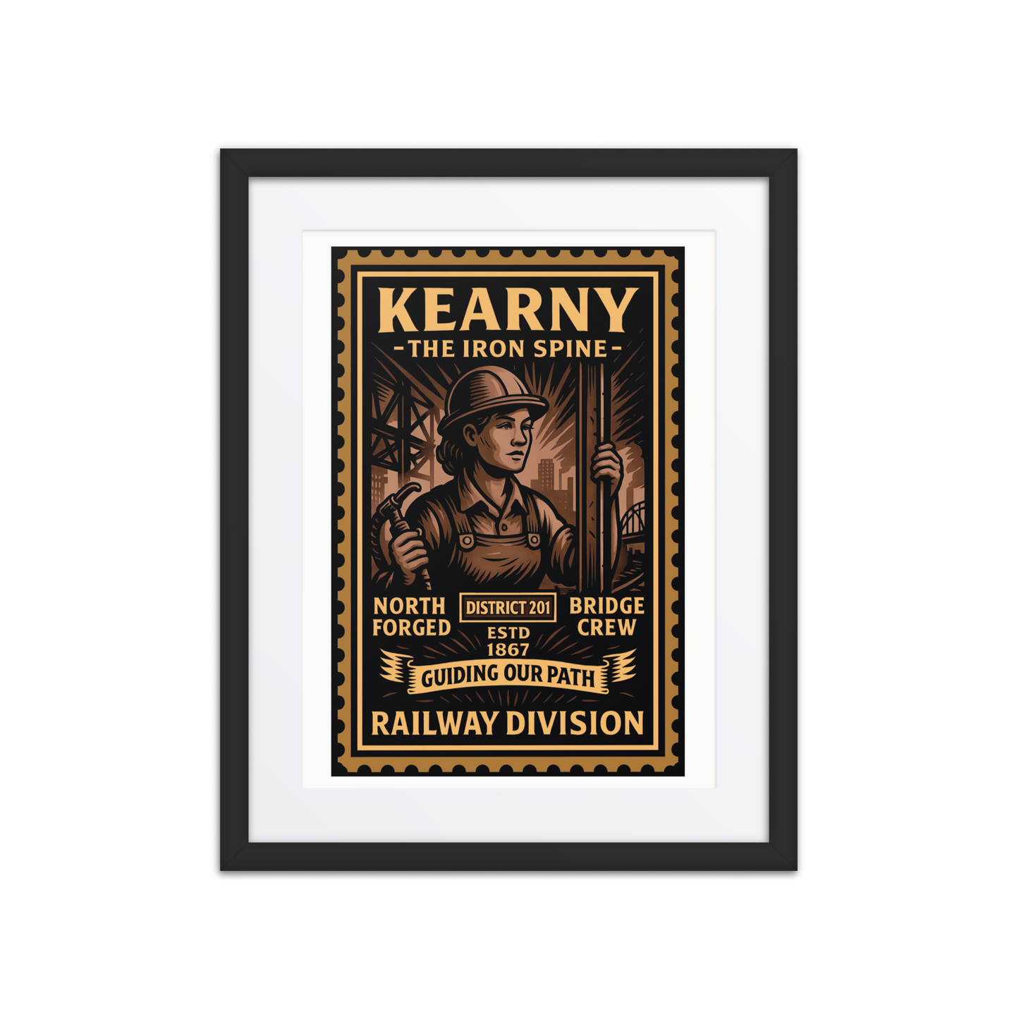 Linocut-style print of a Kearny riveter driving steel bolts into a ship hull, with scaffolding, smoke, and sparks surrounding the scene.