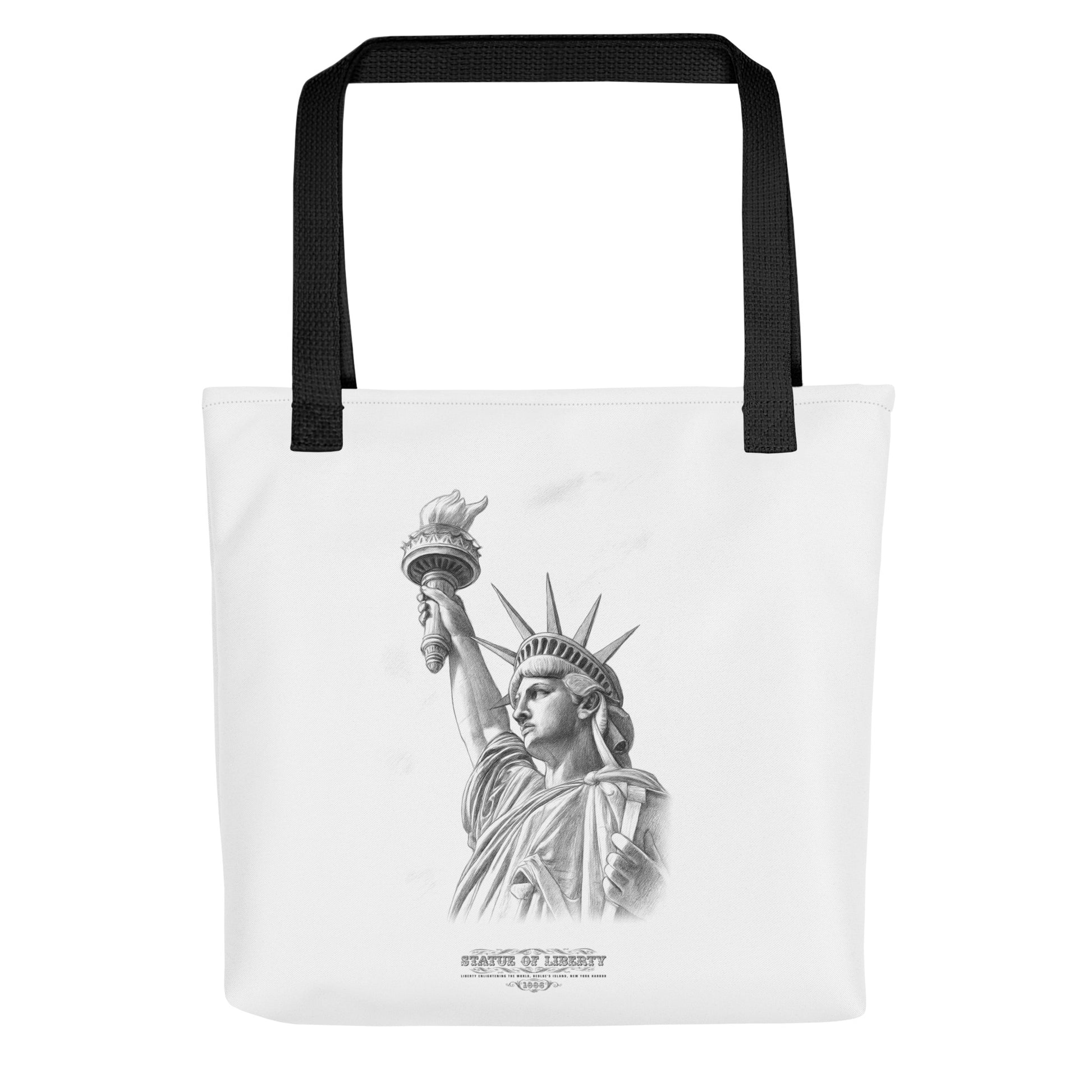 Statue of Liberty sketch tote bag, hand-drawn New York landmark illustration, Lady Liberty black and white tote, historic NYC monument canvas bag.kup